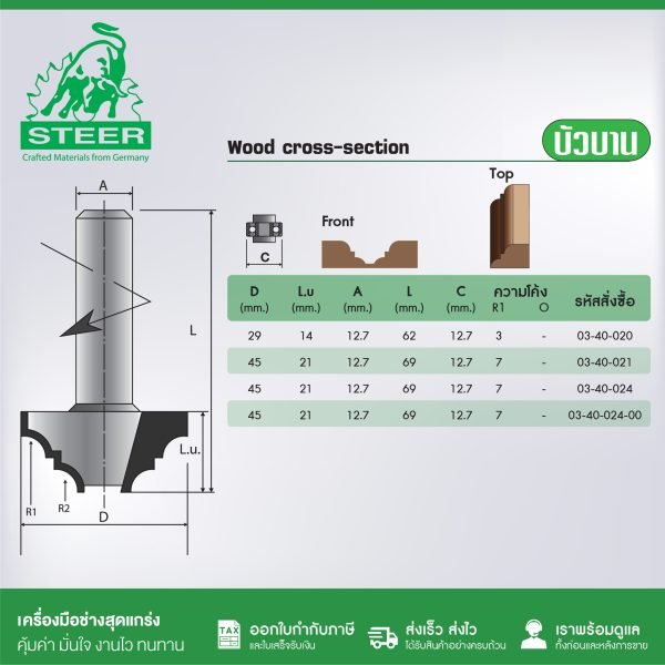 ดอกเร้าเตอร์ลงลายมุม STEER 20-45มม. พร้อมลูกปืน และ ไม่มีลูกปืน ดอกเราเตอร์ ดอกทิมเมอร์
