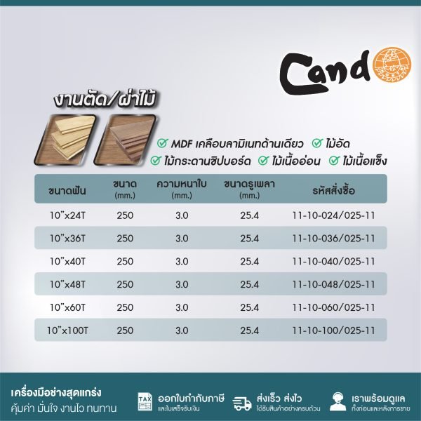 ใบเลื่อยวงเดือน 10นิ้ว คาร์ไบด์ CANDO  24T 36T 48T 60T คาร์ไบด์ วงเดือน ใบวงเดือน เลือยวงเดือน ใบเลื่อยวงเดือนตัดไม้ ใบเลื่อยตัดไม้ ใบตัดไม้