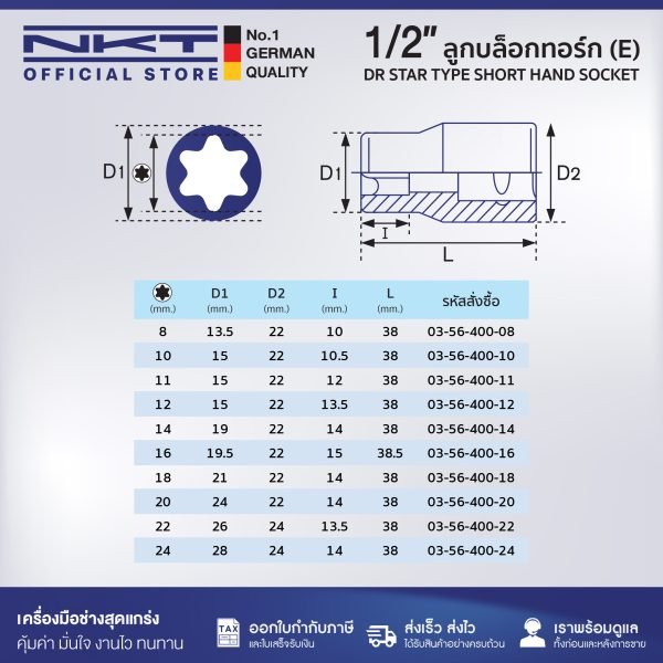 ลูกบล็อก ทอร์ค 1/2" NKT Torque ขนาด 8-24มม.