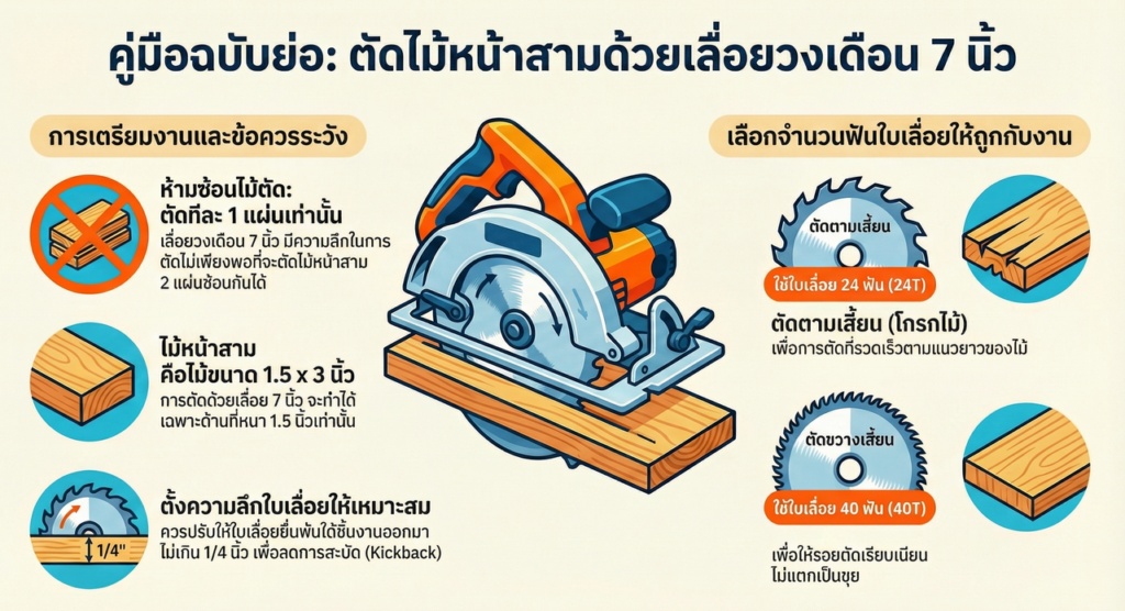 การตัดไม้หน้าสามด้วยใบเลื่อยวงเดือน 7 นิ้ว